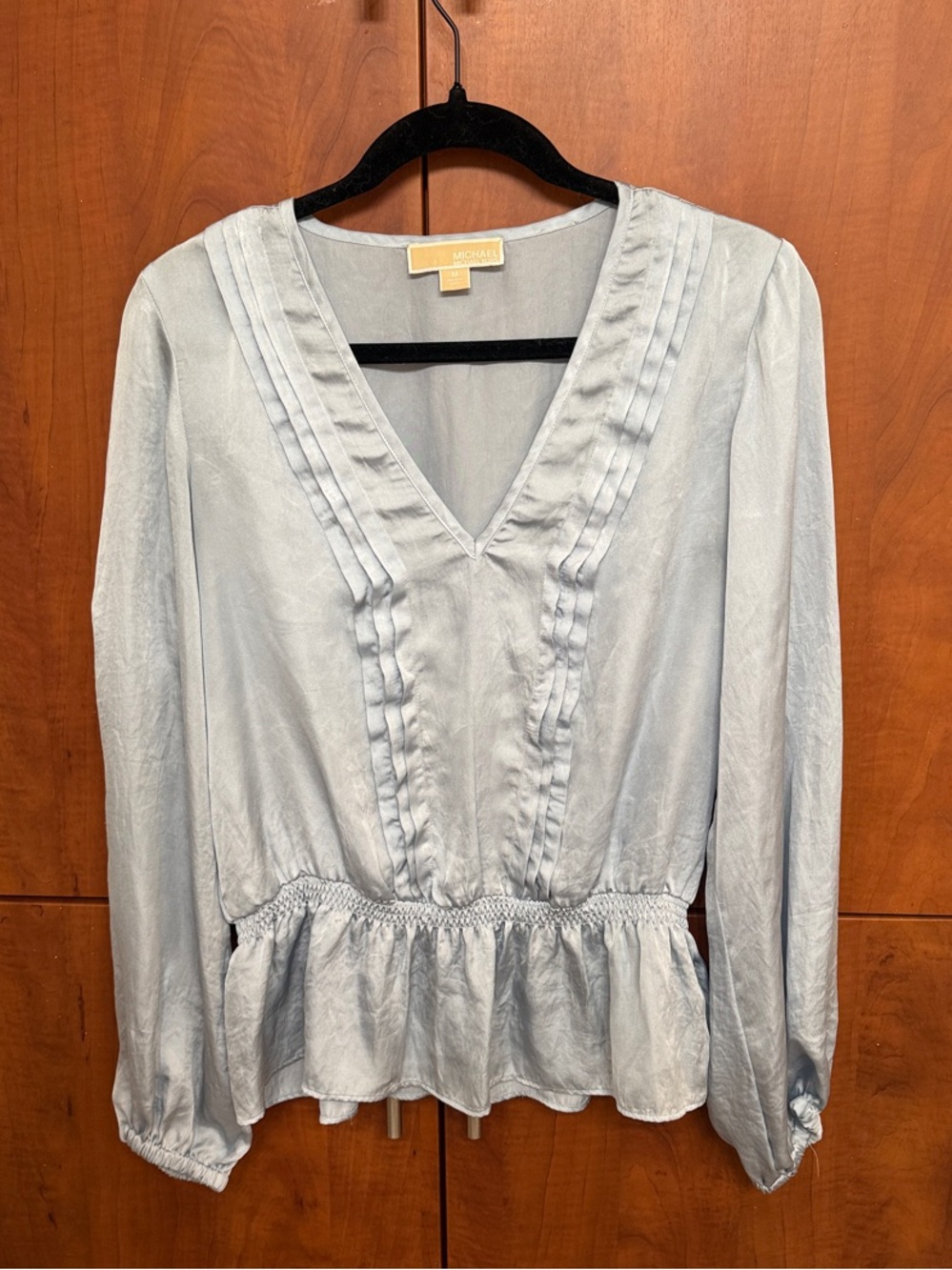 Michael Kors Light Blue Women's V-Neck Ruffle Hem Top